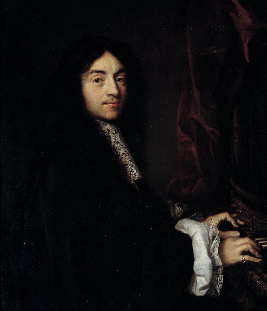Yksityiskohta "" Muotokuva urkurista Charles Couperinista (1638-1679) taiteilijan tyttären kanssa"" Claude Lefebvren (1632-1675) maalaus 1600-luvun su. 1,27x0,96 m tekijältä Claude Lefebvre