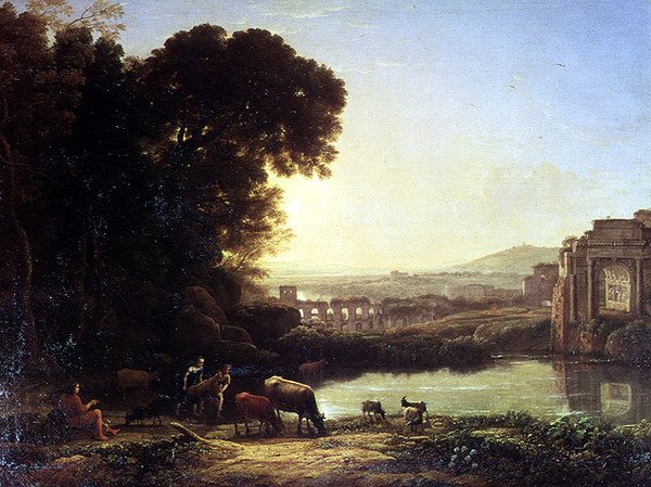 Karja ja vuohet juomassa raunion luona tekijältä Claude Lorrain
