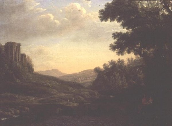 Laaja metsäinen maisema ja rauniotemppeli (öljy kankaalle) tekijältä Claude Lorrain