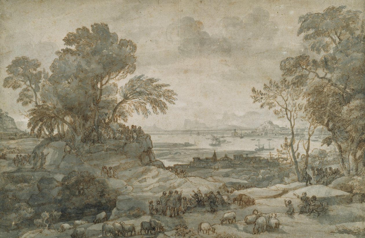 Maisema, jossa Kristus saarnaa vuorisaarnaa (kynä ja ruskea muste harmaalla pesulla paperilla) tekijältä Claude Lorrain