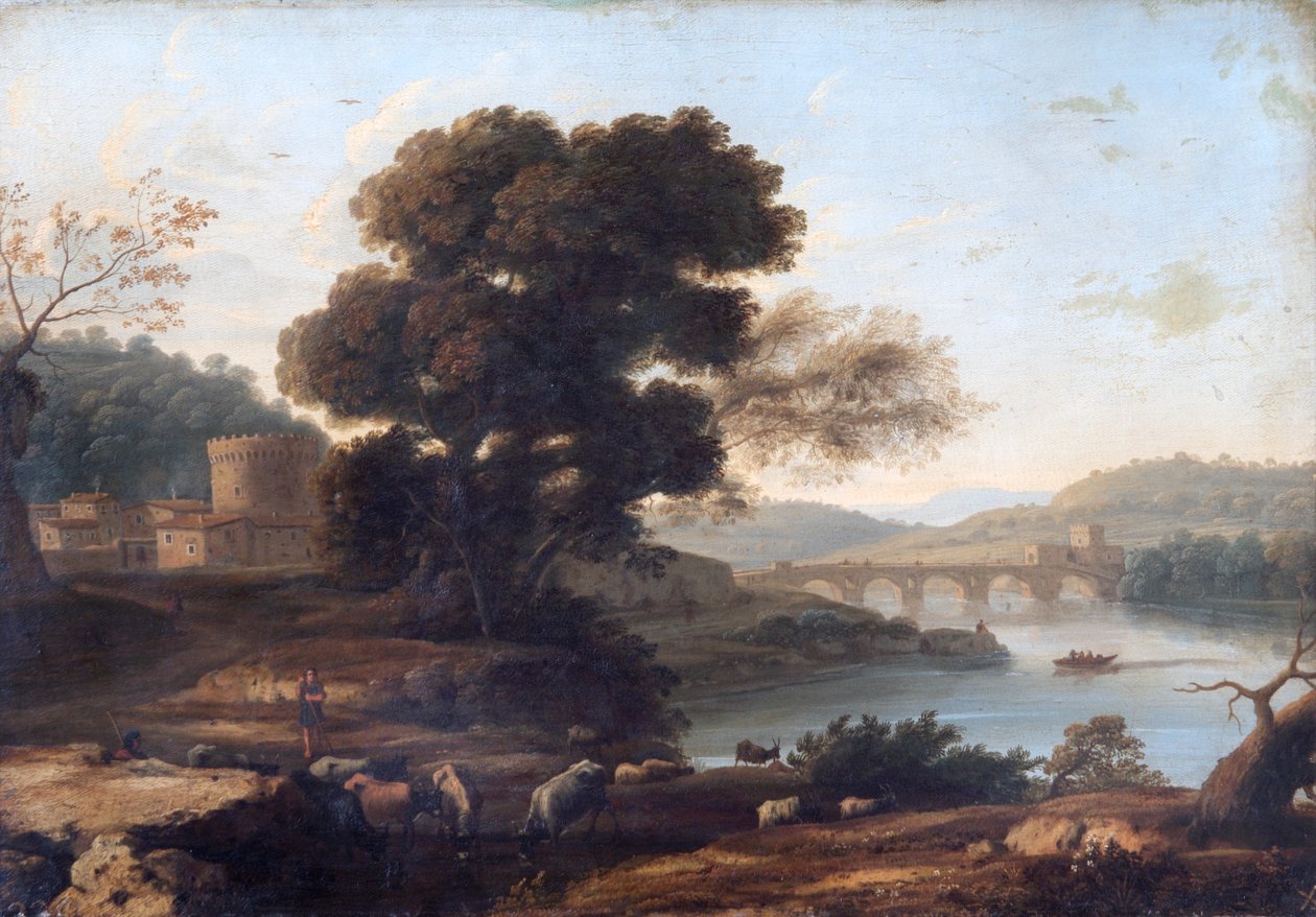 Pastoraalinen maisema Ponte Mollen kanssa, Rooma (öljy kankaalle) tekijältä Claude Lorrain (1600 82)