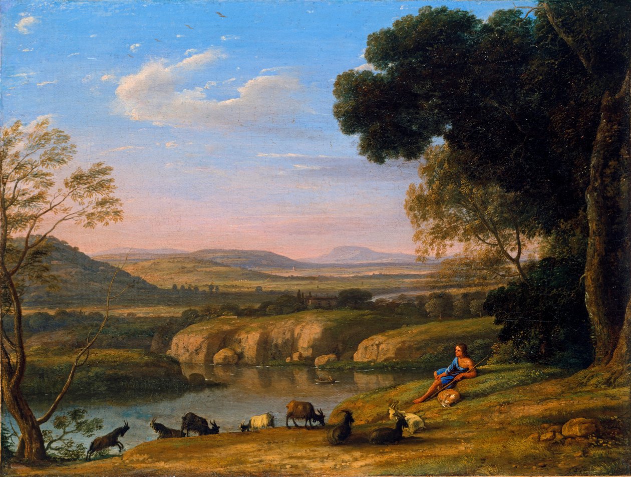 ""Paysage au chevrier"" (jokimaisema vuohipaimen kanssa) Claude Lorrainin (1600-1682) maalaus noin 1645 - Öljy kankaalle Koko 39,5x53 cm Niedersaechsisches Landesmuseum, Hannover tekijältä Claude  Lorrain