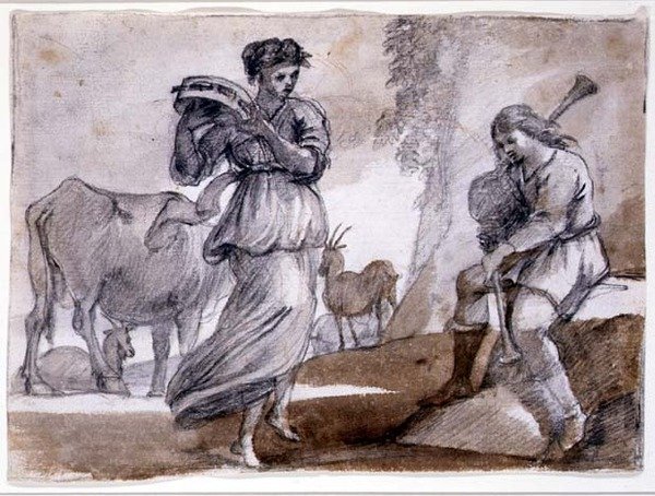 Rural Dance (musta-punainen liitu ja pesu paperille) tekijältä Claude Lorrain