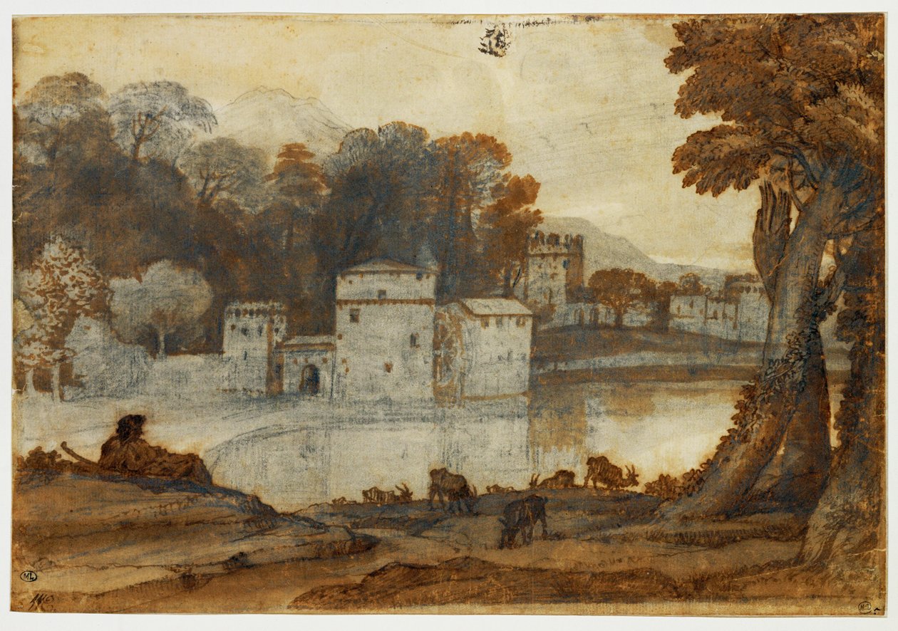 Paimen järven rannalla lähellä linnoitettua myllyä ... tekijältä Claude Lorrain (1600 82)