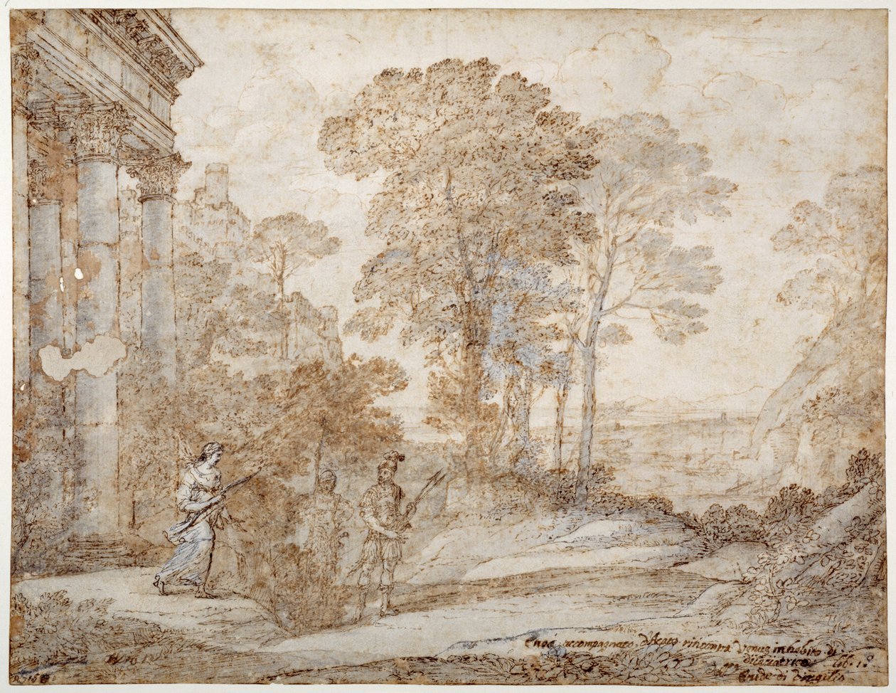 Venuksen ja Aeneaksen kohtaus, n. 1678 (kynä ja muste pesulla paperille) tekijältä Claude Lorrain