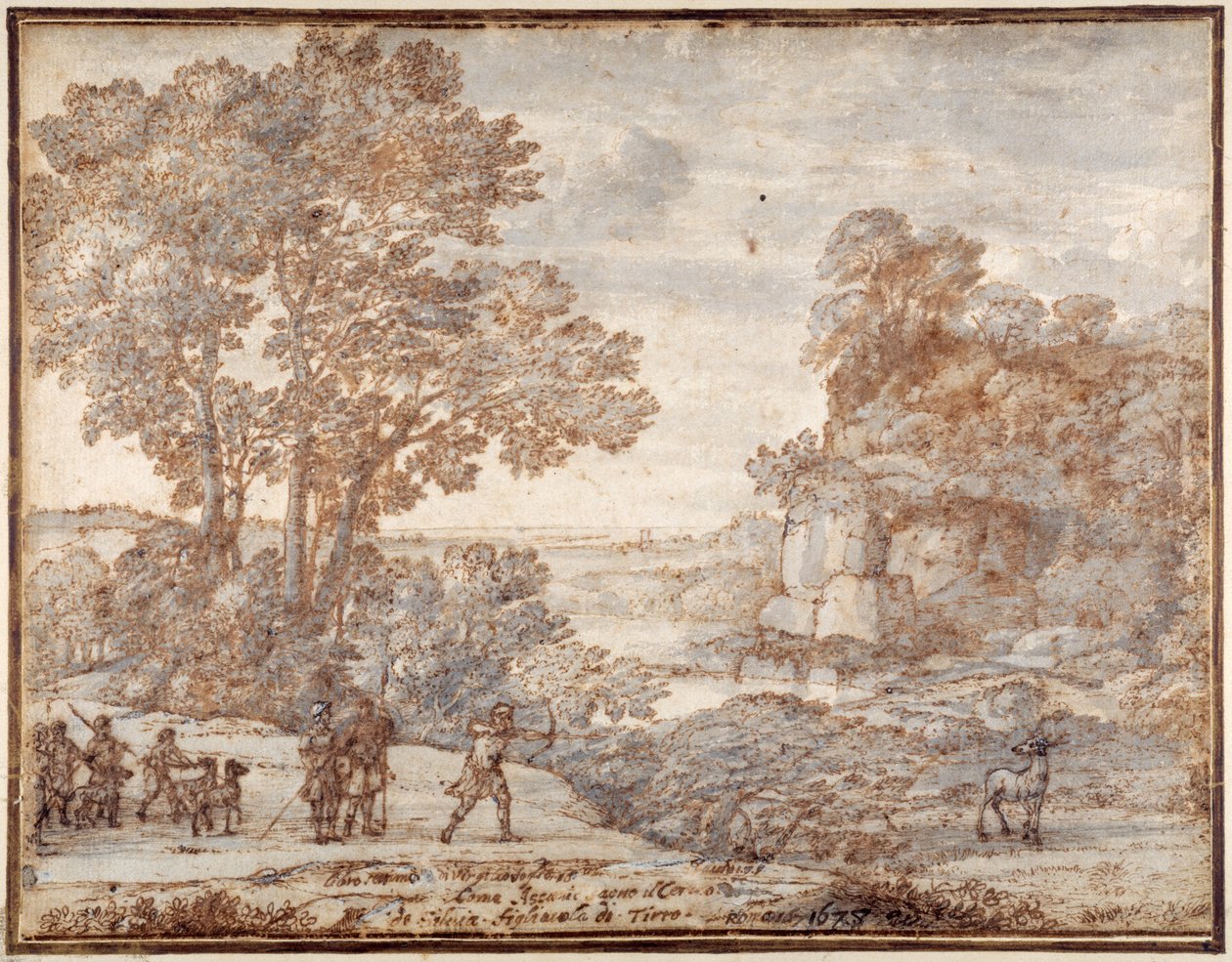 Ascanius ampuu Sylvian polttaria, n. 1680 (kynä ja muste pesulla paperille) tekijältä Claude Lorrain