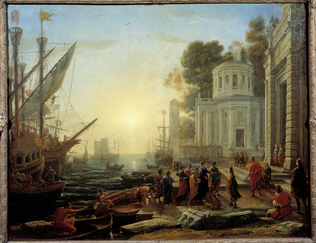 Raitio Cleopatresta Tarsokseen. Kleopatre, Egyptin kuningatar tapaa Marc Antoinen Tarsuksessa (Kilician maakunta, Turkki) vuonna 41 eaa. Claude Gellee Dit Le Lorrainin maalaus (1600-1682) tekijältä Claude Lorrain