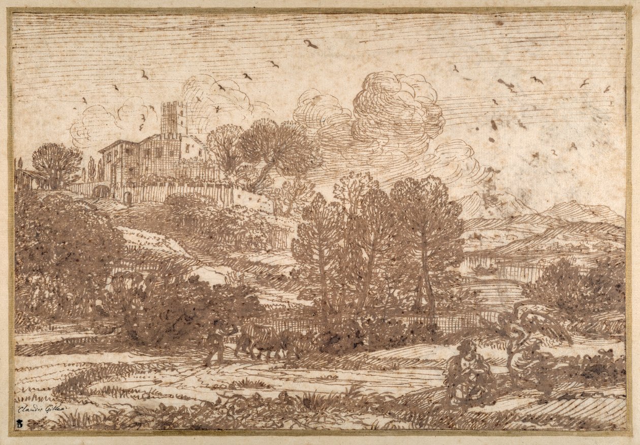 Hagar ja enkeli (kynä ja ruskea muste paperille) tekijältä Claude Lorrain