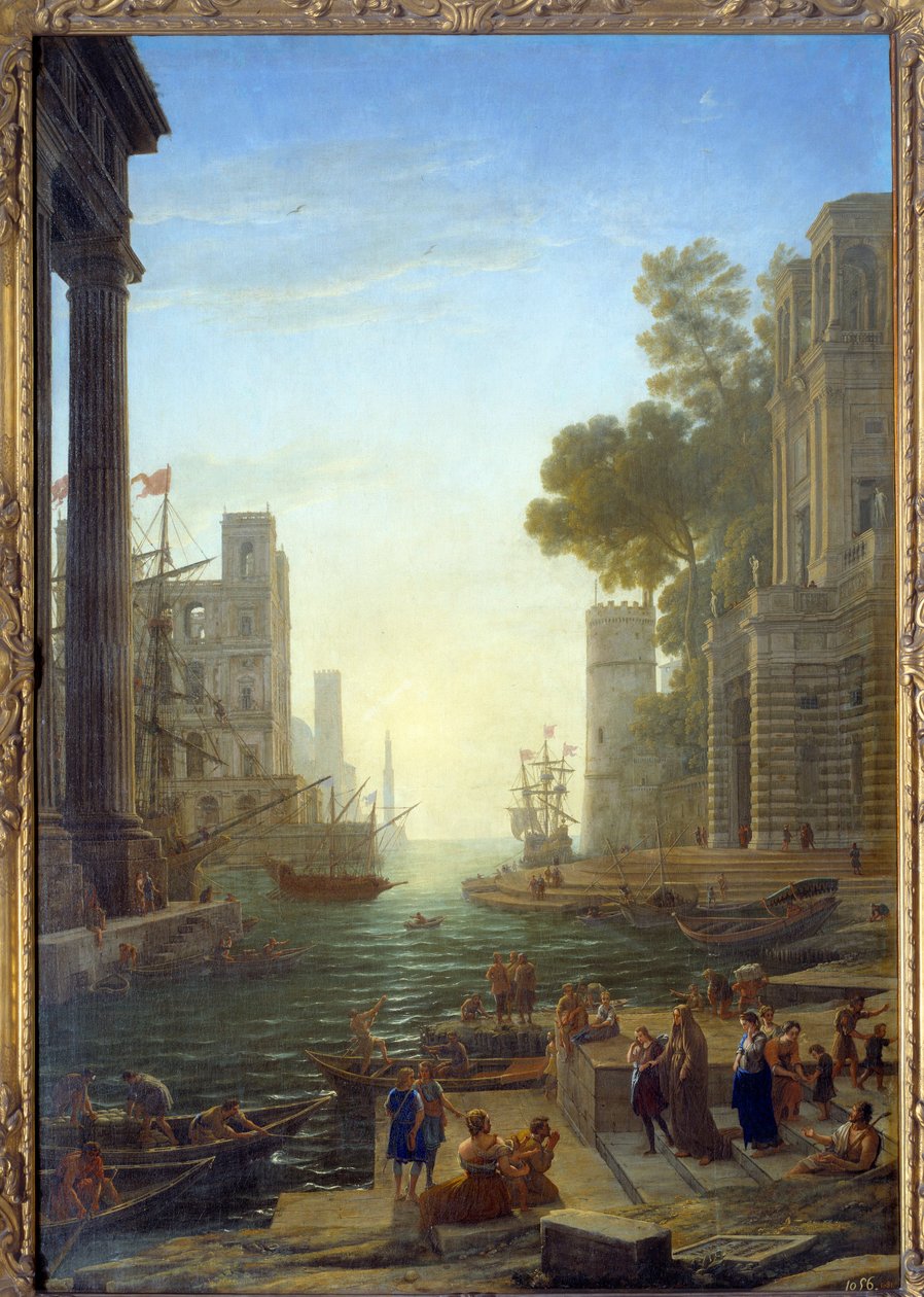 Maisema Saint Paula Romanan veneellä Ostiassa. Saint Paula jättää lapsensa matkustamaan Pyhään maahan. Kangas, 211 x 145 cm - Nousu Sainte Paulesta Ostiaan. St. Paule (347-404 tai 407), roomalainen leski, Pyhän Hieromuksen opetuslapsi. Maalaus Cl tekijältä Claude Lorrain