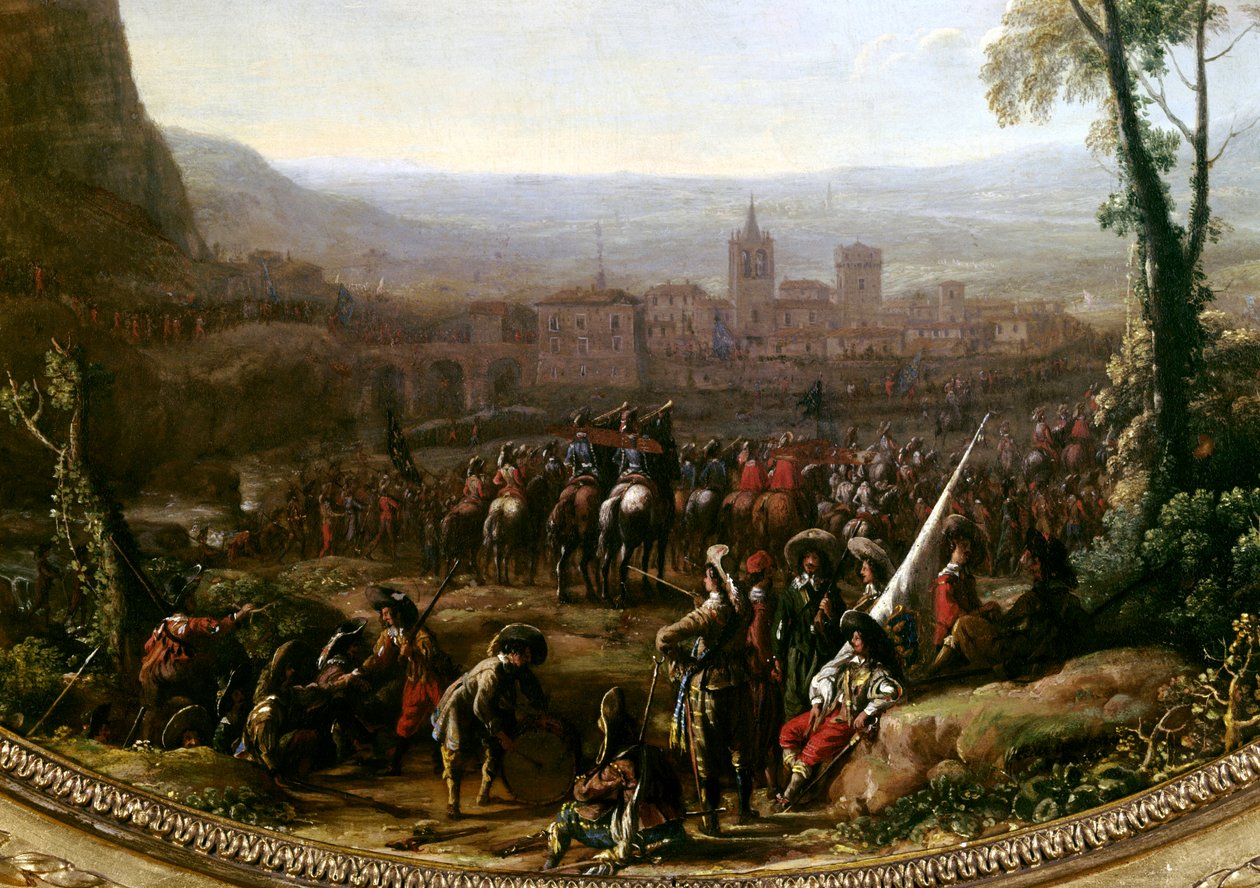 Ludvig XIII (1601-1643) pakotti Pas de Susan lähellä Torinoa, jota Savoian herttuan joukot puolustivat vuonna 1629. Yksityiskohta. Claude Gelleen maalaus dit le Lorrainissa (1600-1682) Pariisi, Musee du Louvre tekijältä Claude Lorrain