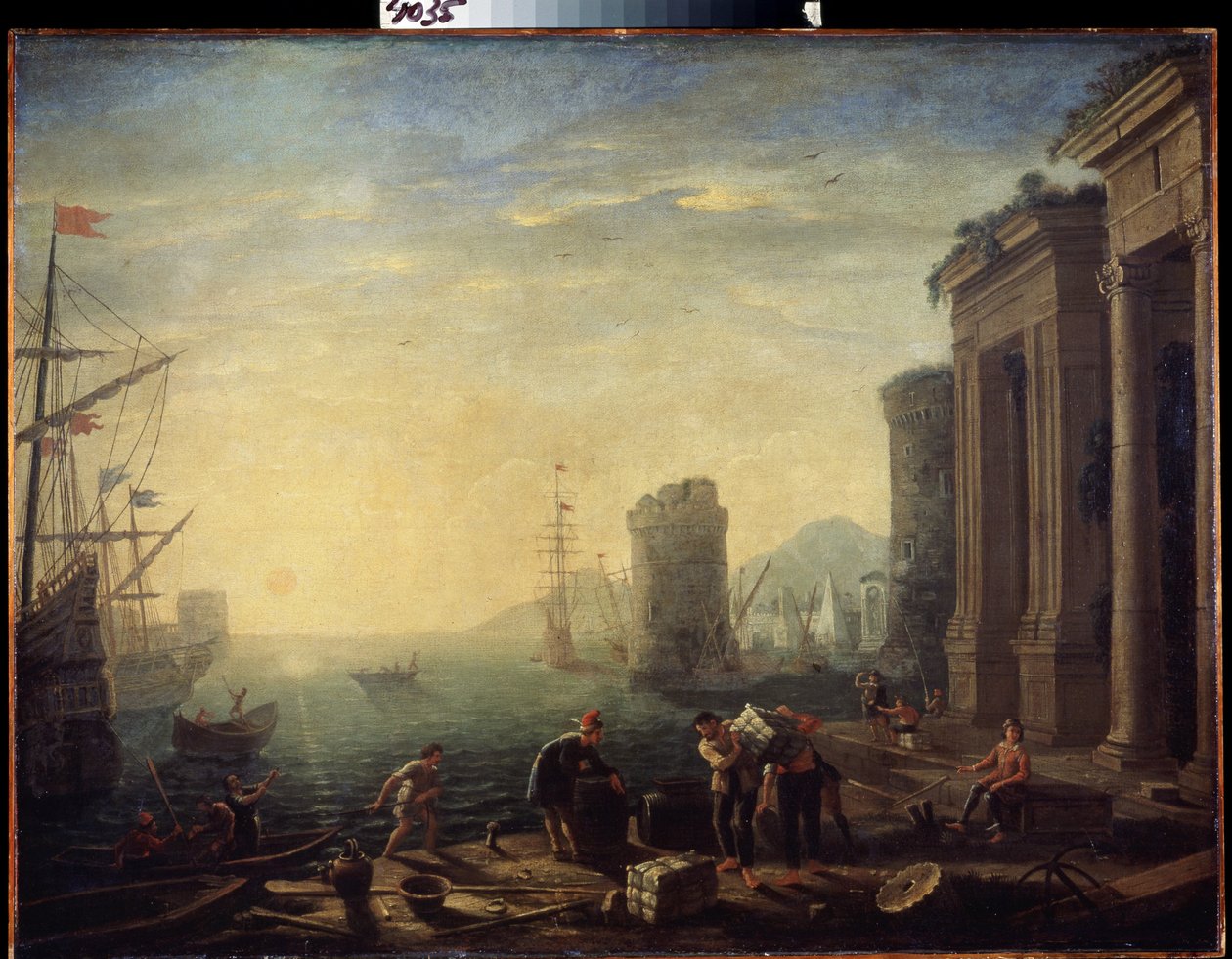 Aamu satamassa. Aamu satamassa. Claude Gelleen maalaus, joka tunnetaan nimellä Le Lorrain (1600-1682). Öljy kankaalle tekijältä Claude  Lorrain