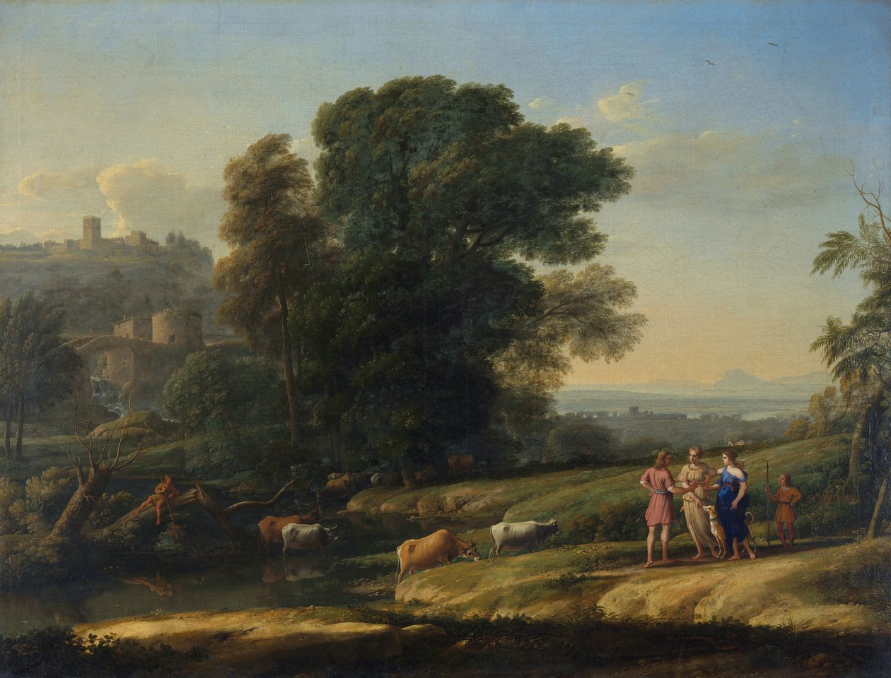 "Dianan yhdistämä maisema Kefaloksen ja Prokriksen kanssa" (Dianan yhdistämä maisema Kefaloksen ja Prokriksen kanssa) Claude Lorrainin maalaus (1600-1682) Öljy kankaalle 1645 Koko 101,5x133 cm National Gallery, Lontoo tekijältä Claude Lorrain