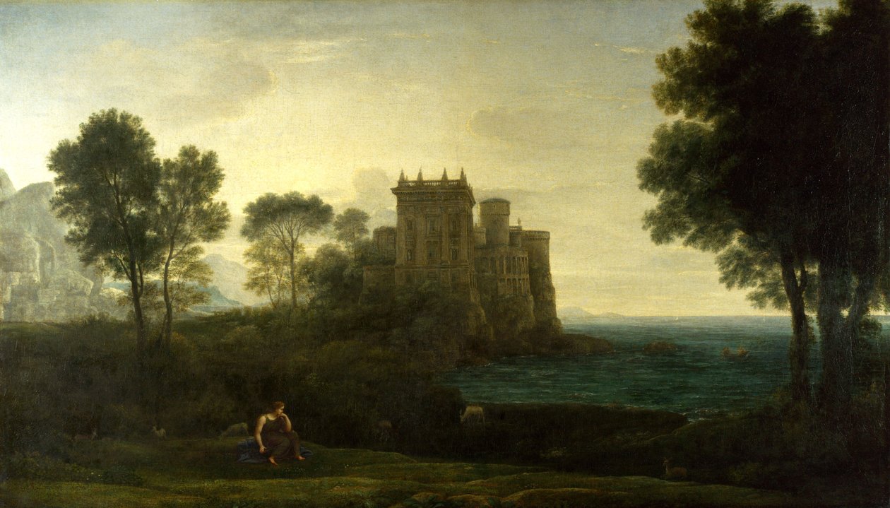 ""Maisema Psychen kanssa Cupidon palatsin tai lumotun linnan ulkopuolella) Claude Lorrainin maalaus (1600-1682) Öljy kankaalle 1664 Koko 87, 1 x 151,3 cm National Gallery, Lontoo tekijältä Claude Lorrain