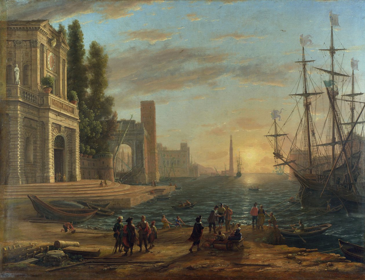 ""Merisatama auringonlaskun aikaan"" (A Seaport) Claude Lorrainin maalaus (1600-1682) Öljy kankaalle 1644 Koko 103x131 cm National Gallery, Lontoo tekijältä Claude Lorrain