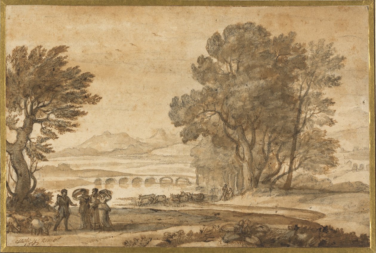 Metsäinen jokimaisema Jaakobin, Laabanin ja hänen tyttäriensä kanssa. tekijältä Claude Lorrain