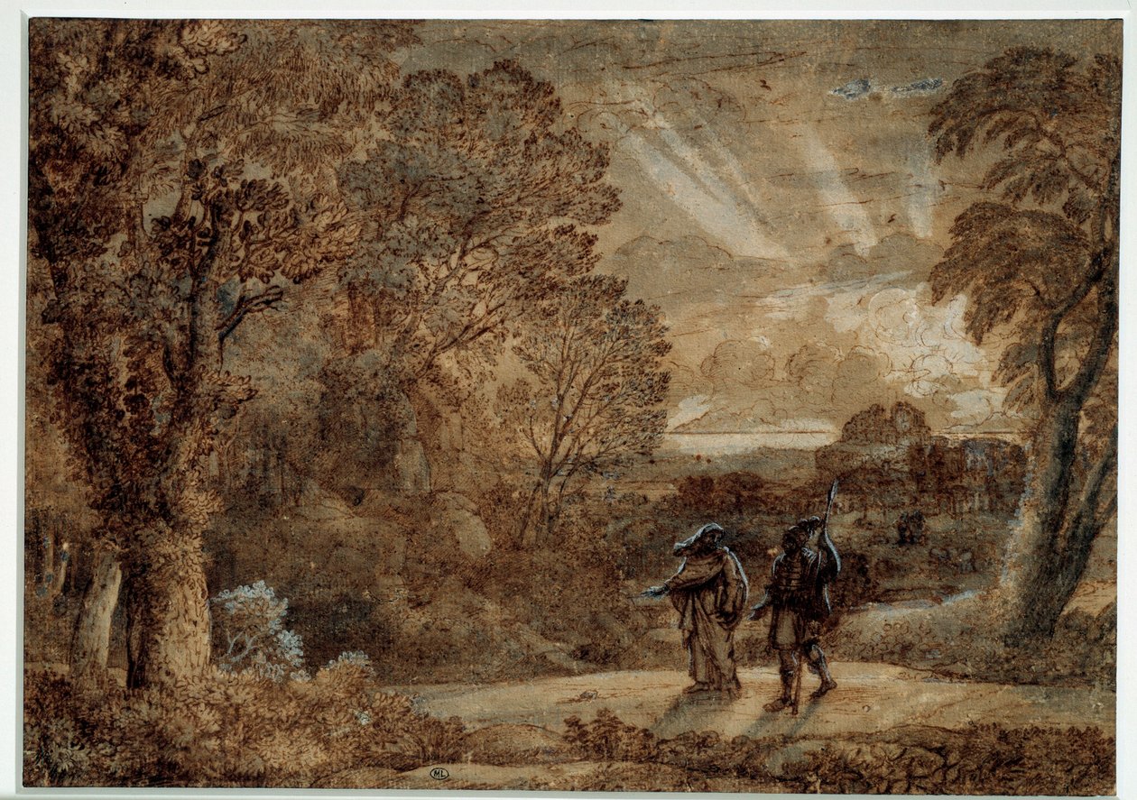 Aeneas ja cumae sibyl. Claude Gelleen piirustus sanoi Le Lorrain (1600-1682) tekijältä Claude Lorrain