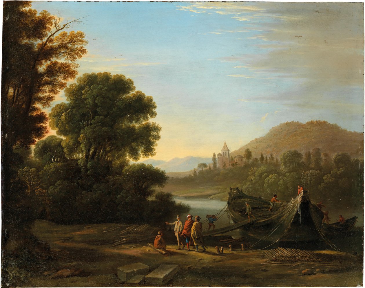 Ranska: Paysage avec personnages chargeant du bois sur un bateau Maisema, jossa hahmot lastaavat puutavaraa veneeseen. tekijältä Claude Lorrain