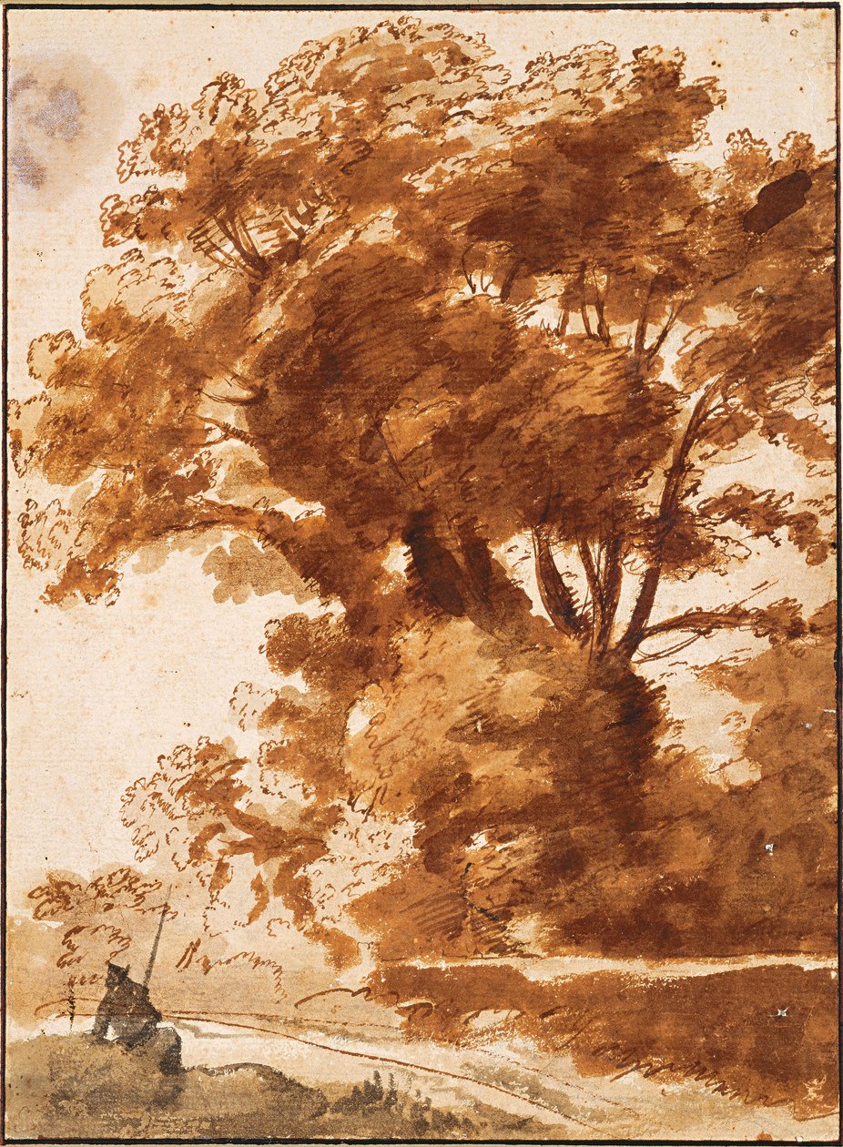 ""Ryhmä puita ja lepäävä paimen"" (Puiden ryhmä ja lepäävä paimen) Piirustus Claude Lorrain (1600-1682) Noin 1630 Koko 28,3x20,7 cm Albertina, Vienne tekijältä Claude Lorrain