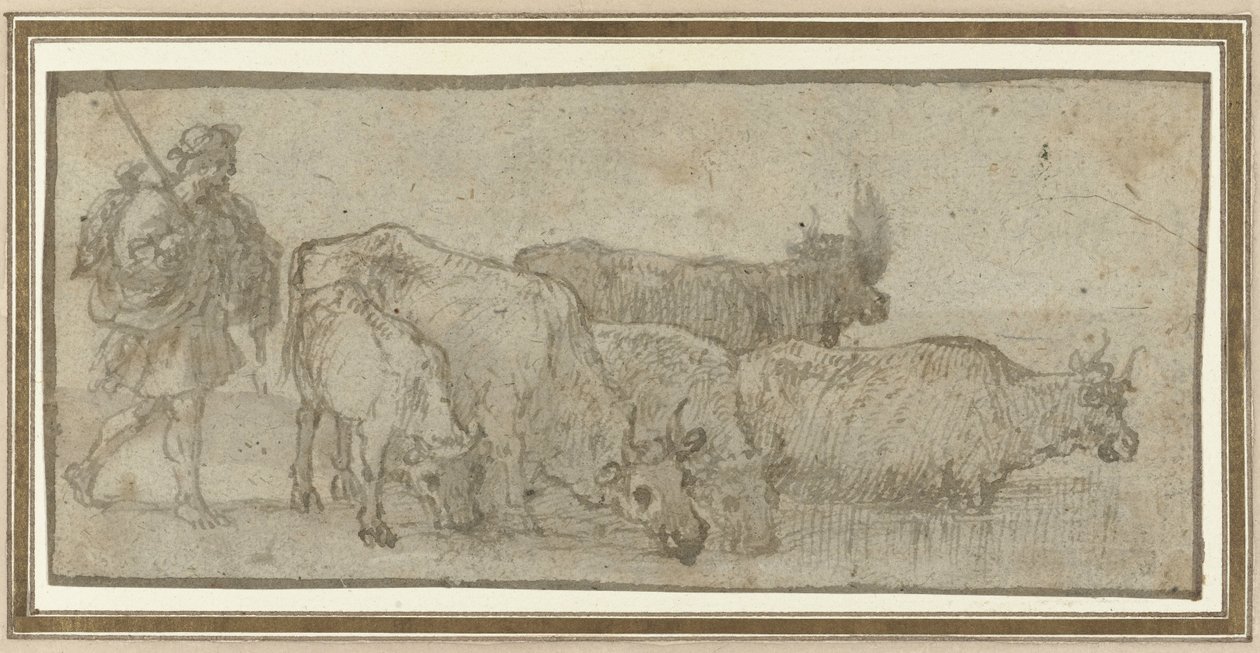 Paimen karjalaumansa kanssa joen rannalla tekijältä Claude Lorrain