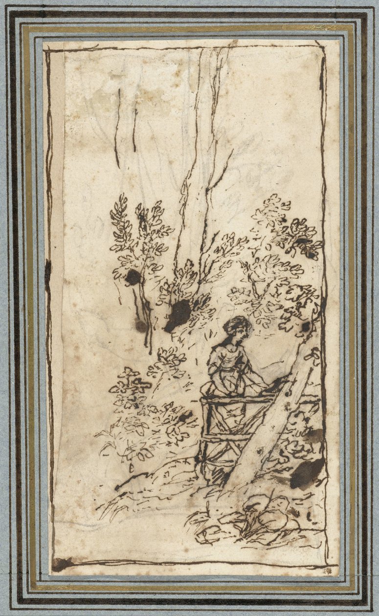Nuori nainen seisoo aidan vieressä metsässä Eläintutkimukset Animal Albumista. (sarjan nimi) tekijältä Claude Lorrain