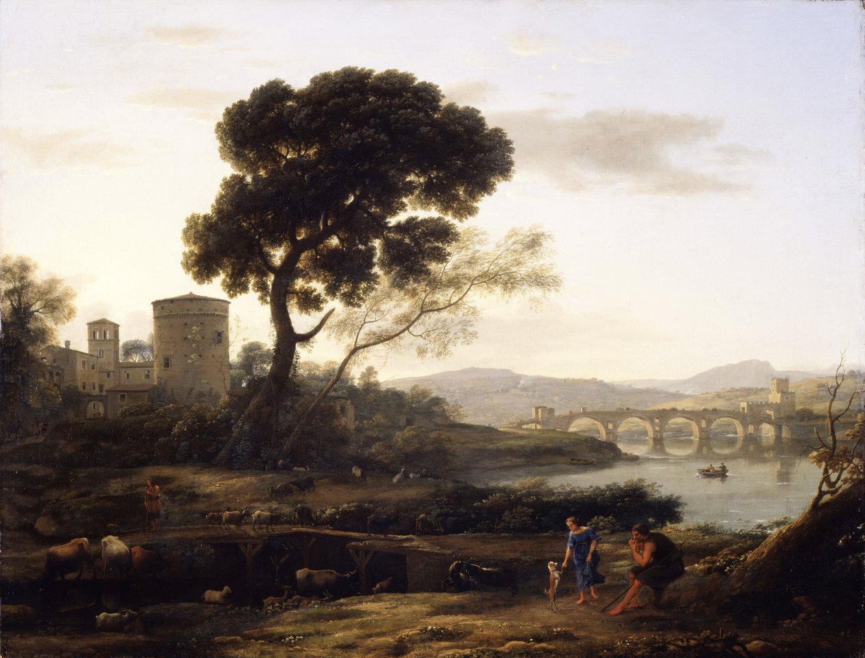 Maisema lähellä Roomaa ja näkymät Ponte Mollelle, 1645 tekijältä Claude Lorrain