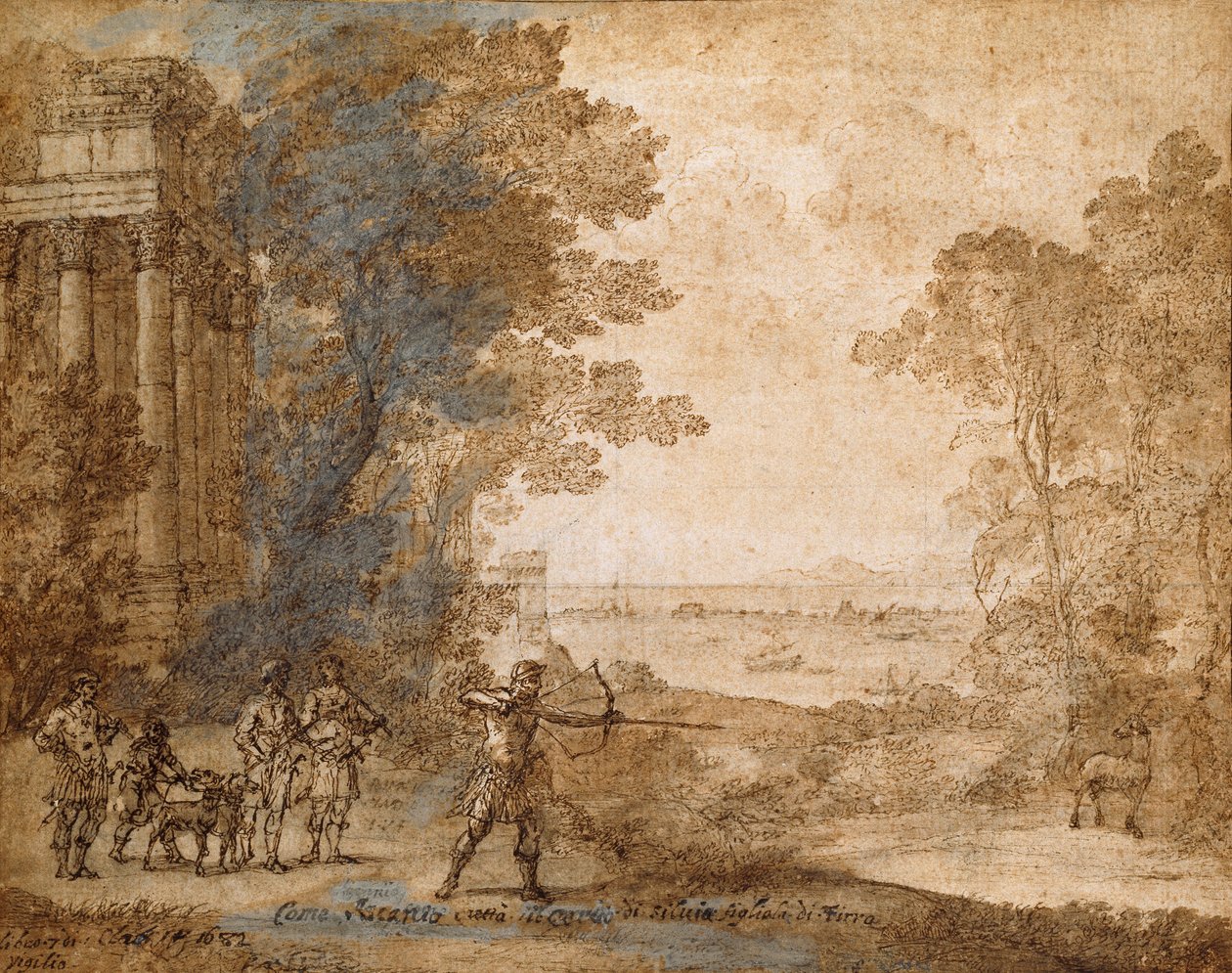 Maisema, jossa Ascanius ampuu Sylvian polttaria, 1680-1682 tekijältä Claude Lorrain
