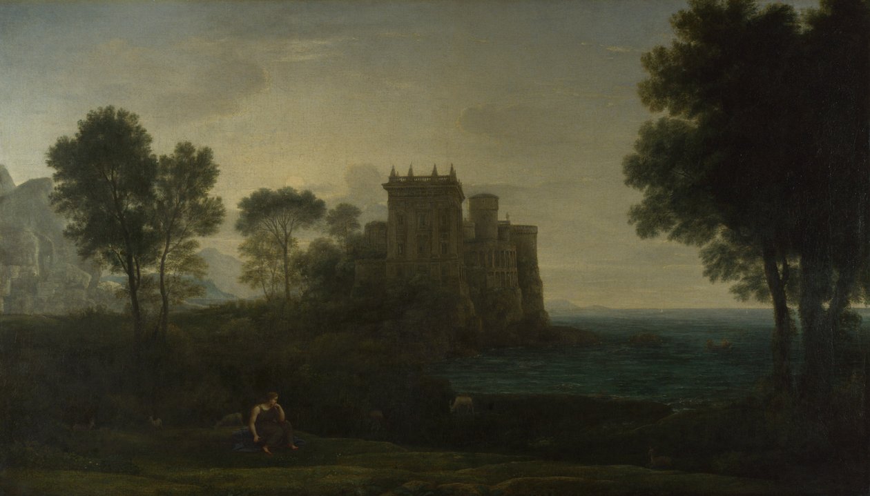 Maisema Psychen kanssa Amorin palatsin ulkopuolella Lumottu linna, 1664 tekijältä Claude Lorrain
