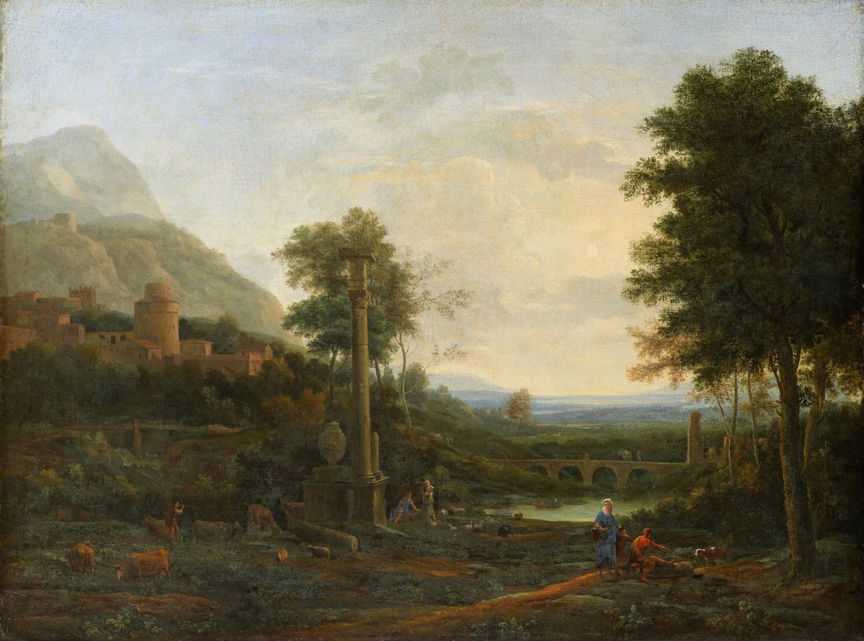 Maisema sarakkeen ja kuvien kanssa tekijältä Claude Lorrain
