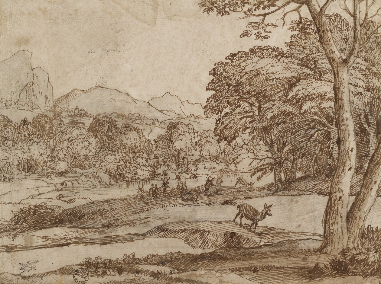 Maisema hirvilauman kanssa, 1666 (mustaa liitua, hankausta, kynällä ja ruskealla musteella värjätylle luonnonvalkoiselle paperille). tekijältä Claude Lorrain