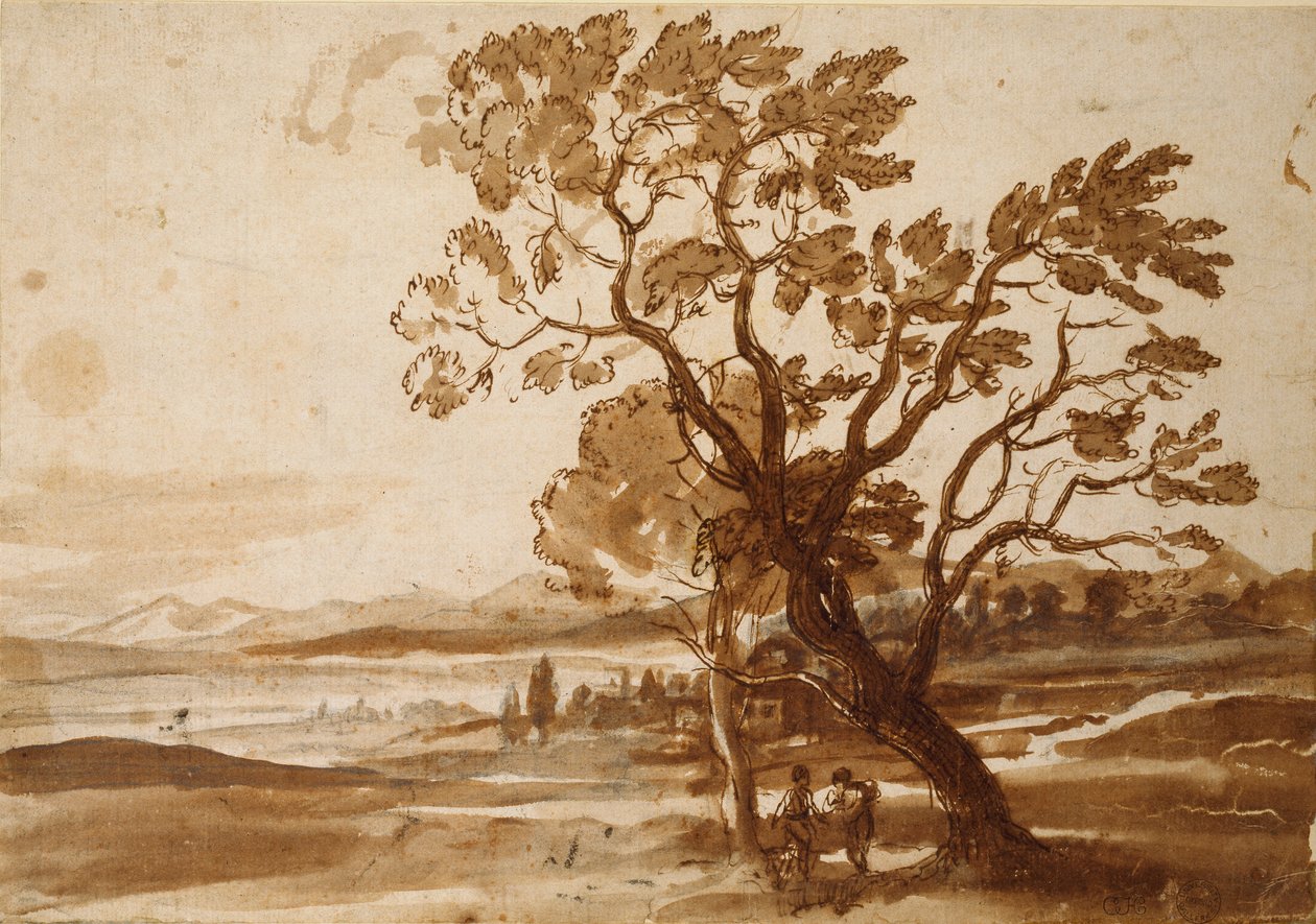 Maisema kahdella puulla, c1638 tekijältä Claude Lorrain