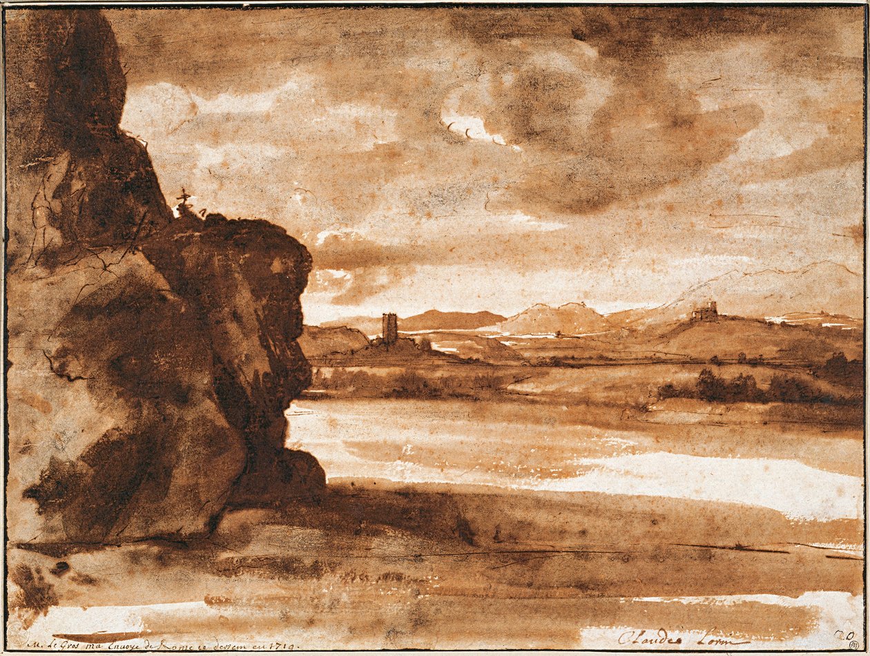 ""Maisema tiberillä Rooman pohjoispuolella pilvisellä taivaalla"" (Tiber-maisema Rooman pohjoispuolella tummalla pilvisellä taivaalla) Claude Lorrainin (1600-1682) kynäpiirros Noin 1630-1640 Koko 19,9 x 26,7 cm Albertina, Wien tekijältä Claude Lorrain
