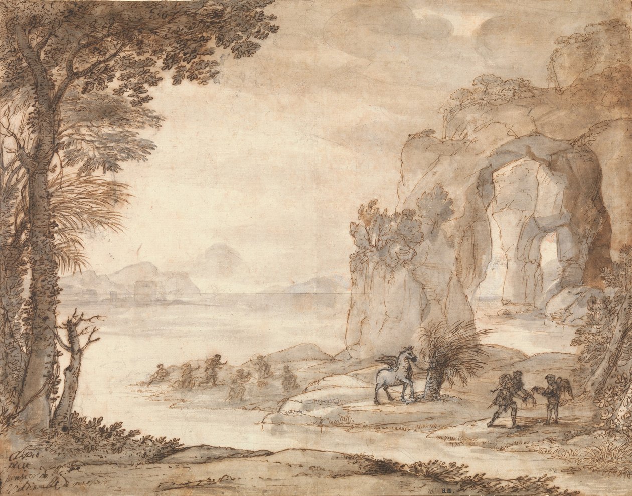 Perseus ja korallin alkuperä, noin 1671 (musta liitu, seepia ja musta muste, seepia ja harmaa pesu valkoisella). tekijältä Claude Lorrain