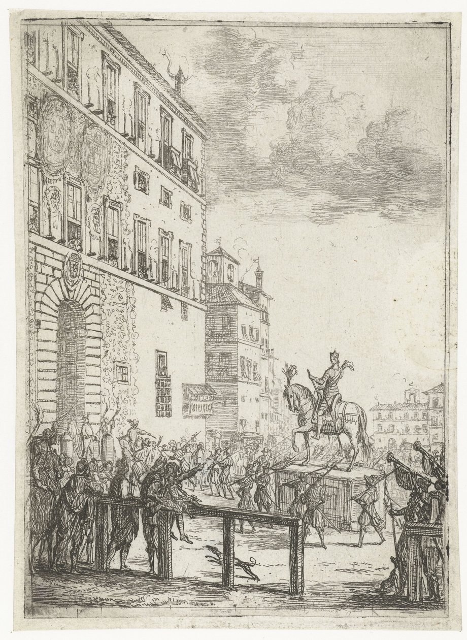 Pyhän Rooman valtakunnan keisarin ratsastuspatsas Le Statue equestre du roi des romains Ilotulitus ja juhlat Pyhän Rooman valtakunnan vastavalitun keisarin kunniaksi (sarjan nimi) tekijältä Claude Lorrain