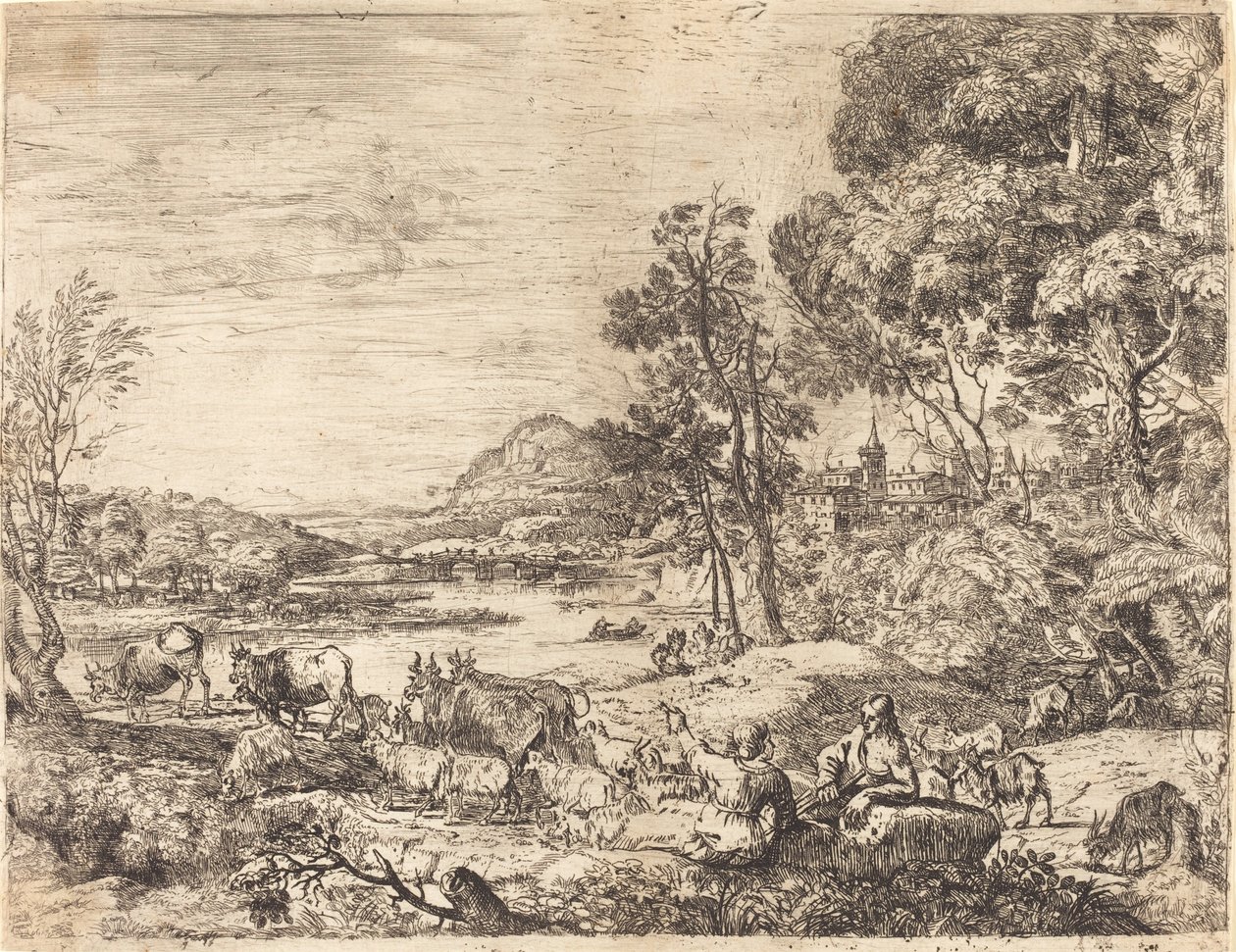 Paimen ja paimentytär keskustelevat maisemassa (Berger et bergère conversant) tekijältä Claude Lorrain