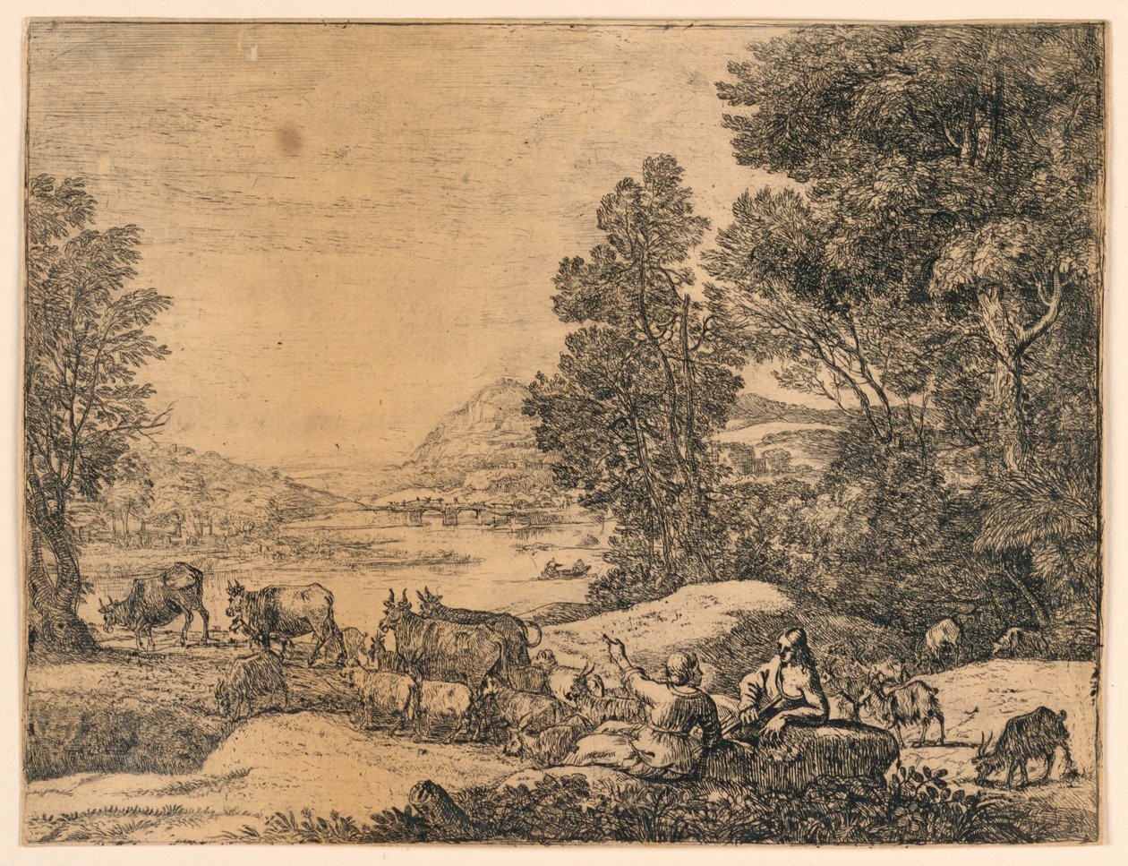 Paimen ja paimentytär keskustelevat maisemassa tekijältä Claude Lorrain