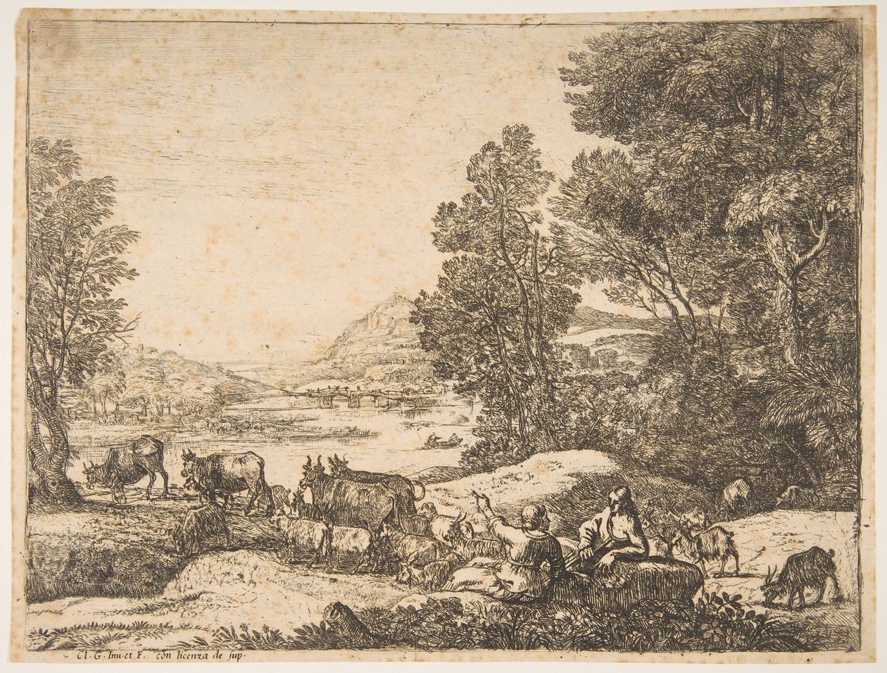 Paimen ja paimentar keskustelevat maisemassa, n. 1651. tekijältä Claude Lorrain