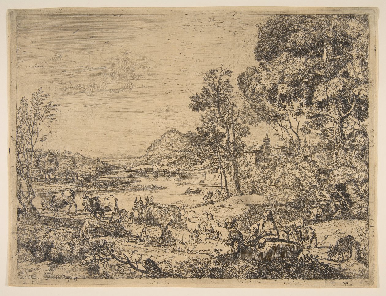Paimen ja paimentytär keskustelevat maisemassa, n. 1651. tekijältä Claude Lorrain