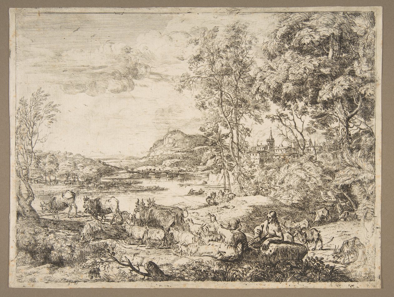 Paimen ja paimentytär keskustelevat maisemassa, n. 1651. tekijältä Claude Lorrain