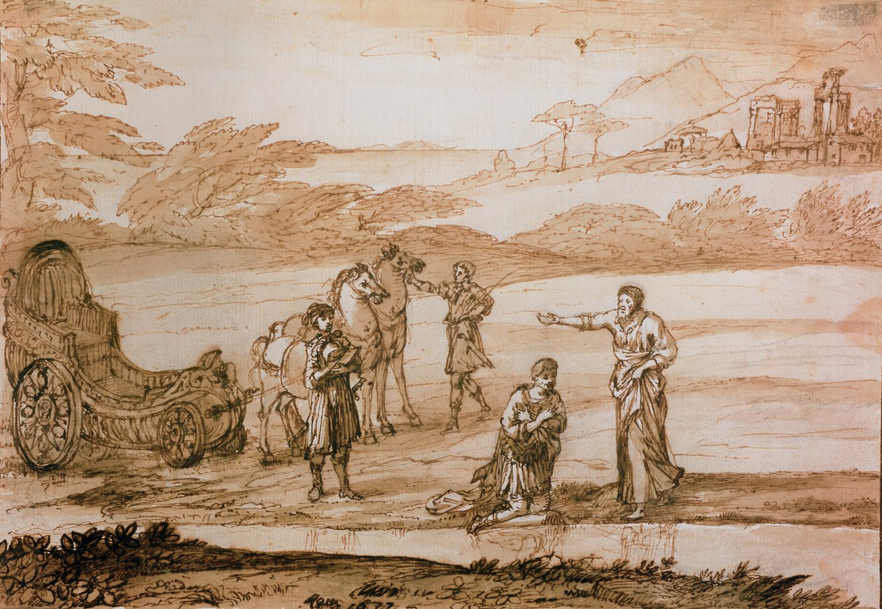 Pyhä Filippus kastaa eunukkia, 1677 (muste ja pesu paperille) tekijältä Claude Lorrain