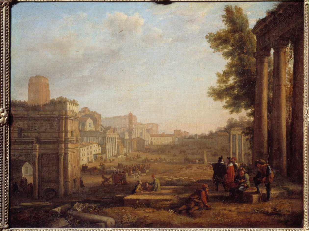Näkymä Campo Vaccinosta Roomassa Forum Romanum noin 1630 - Claude Gelleen maalaus nimeltä Lorrain (1600-1682) 1600-luvun aurinko 0,56x0,72 m Pariisi, Musee du Louvre tekijältä Claude Lorrain