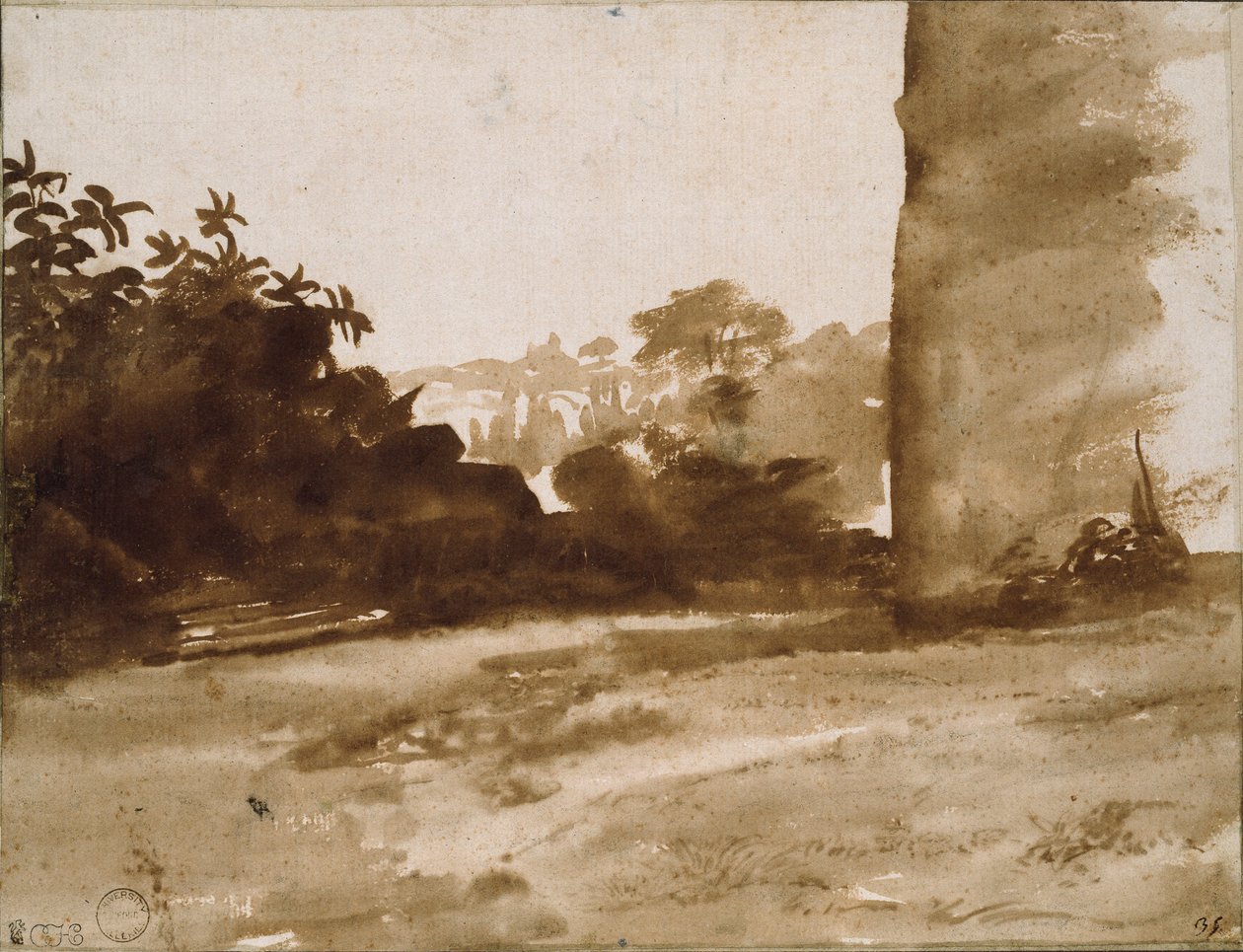 Näkymä pensaikkoon seinällä oikealla, c1640 tekijältä Claude Lorrain