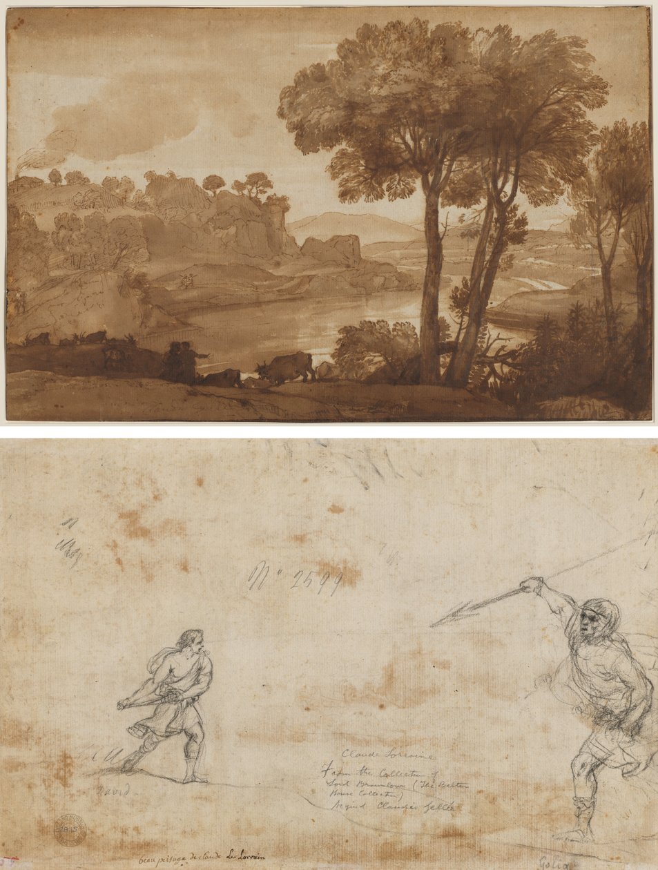 Näkymä Acqua Acetosalle (recto); Daavid ja Goljat (verso) tekijältä Claude Lorrain