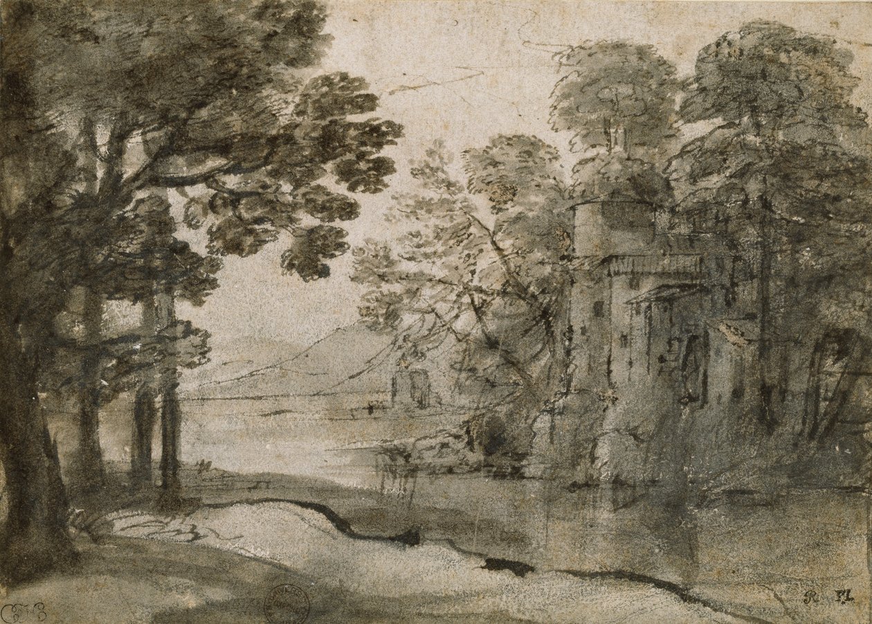 Vesimylly puiden keskellä, c1635-1638 tekijältä Claude Lorrain