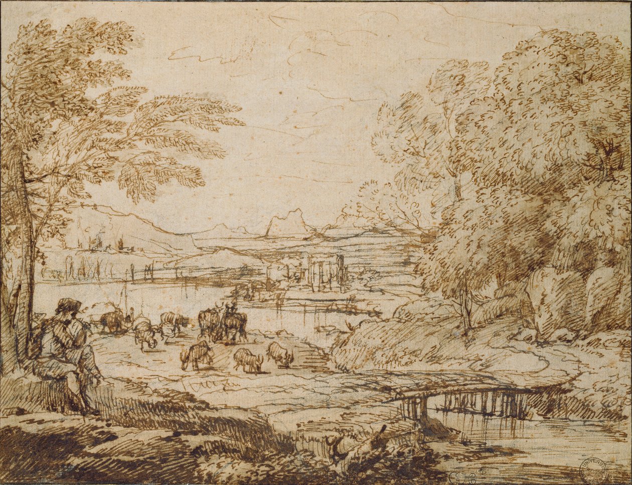Nuoret leikkivät piippua pastoraalisessa maisemassa, 1640-luku tekijältä Claude Lorrain