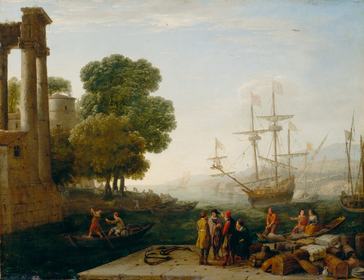 A Seaport at Sunset, 1643 (öljy kuparilevylle) tekijältä Claude Lorrain