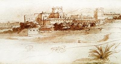 Näkymä pieneen italialaiseen kaupunkiin, n. 1630 (kynä ja pesu) tekijältä Claude Lorrain