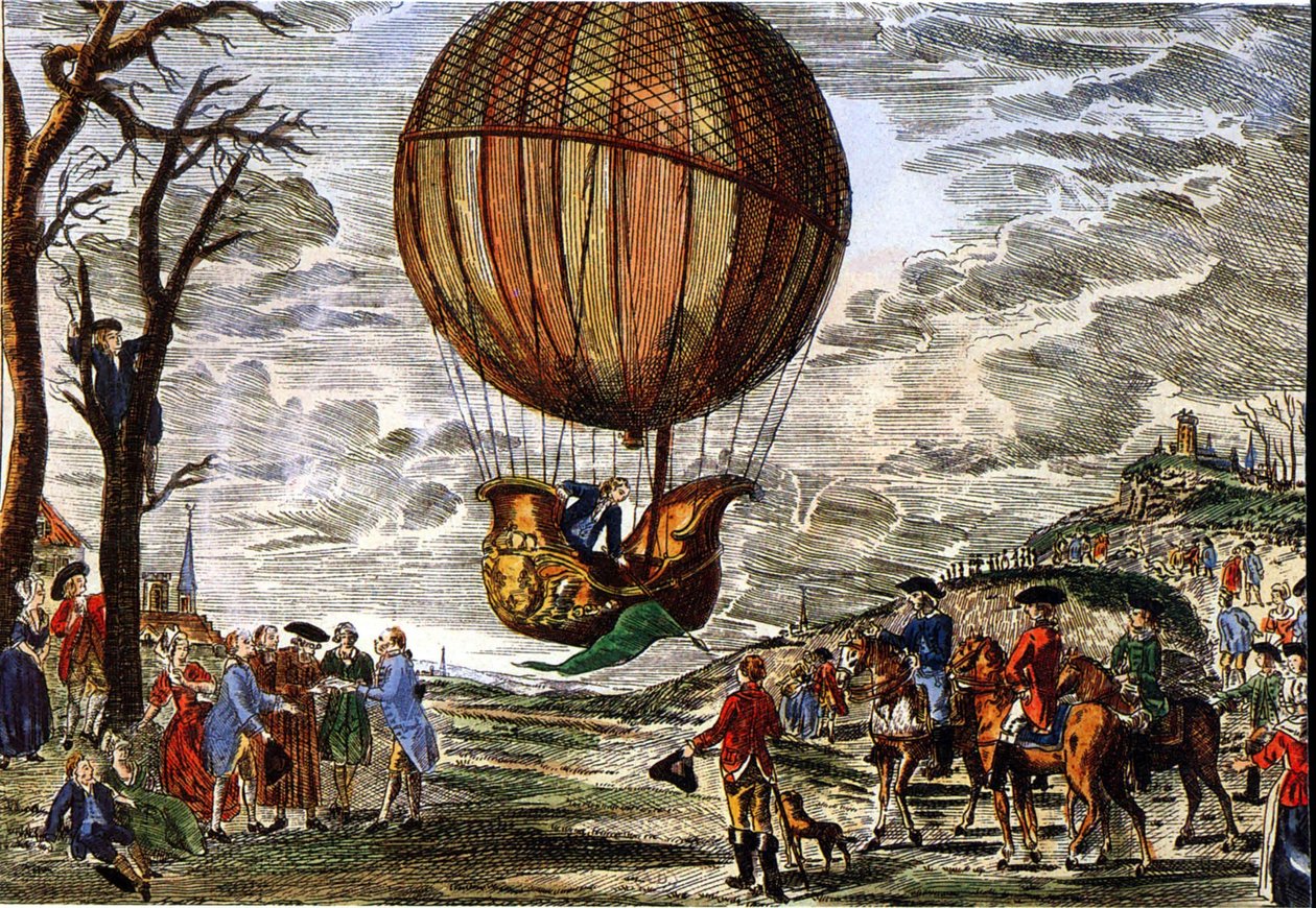 Kuumailmapallon lento Chartresin herttuan luona vuonna 1783, kaiverrus tekijältä Claude Louis (after) Desrais