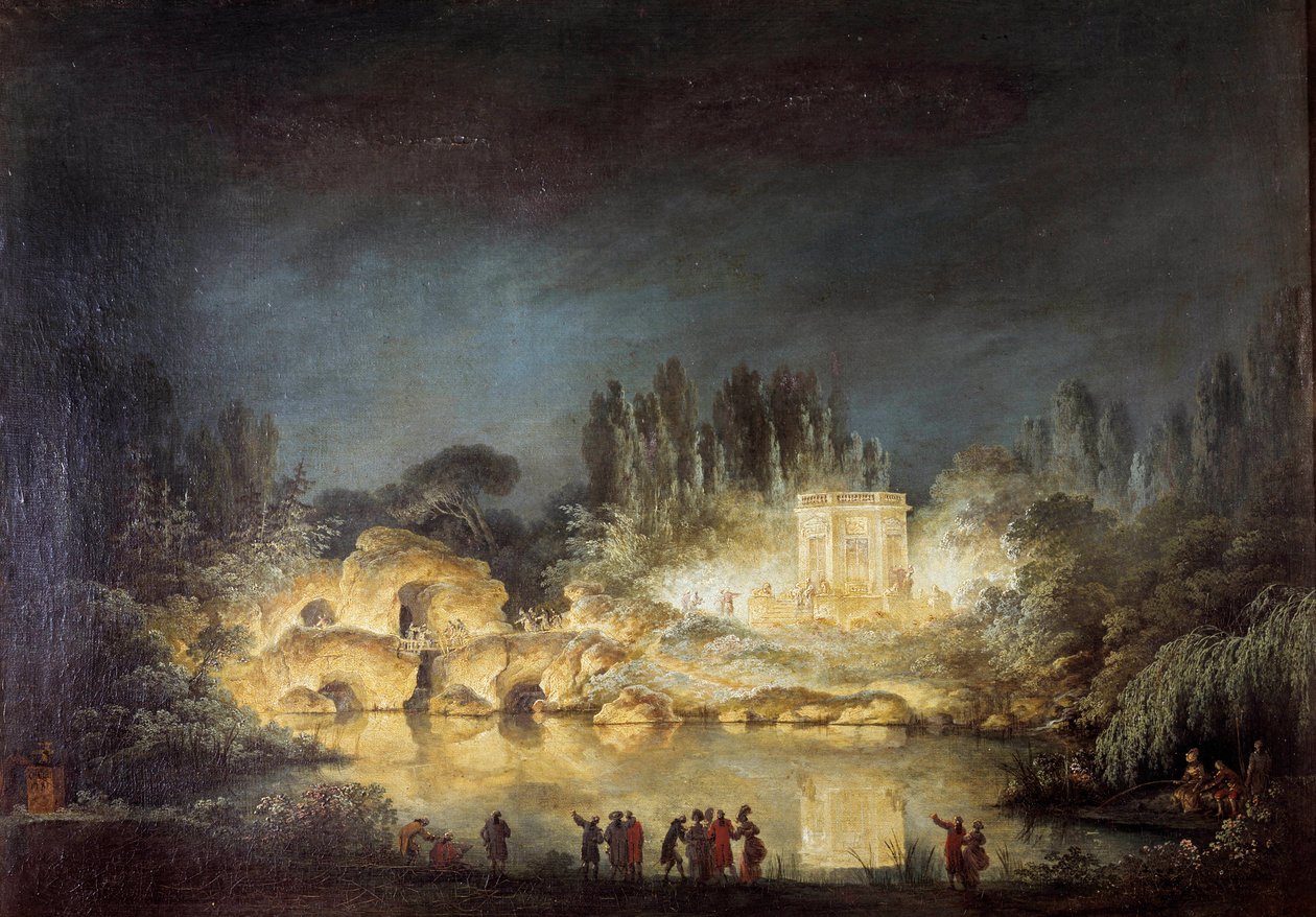 Belvederen paviljongin valaistus Peer Trianonin puutarhoissa Versaillesissa kuningatar Marie Antoinetten veljensä Joseph II:n (1741-1790) kunniaksi pitämän juhlan aikana elokuussa 1781. Claude Louis Chateletin (1753-1794) maalaus tekijältä Claude Louis Chatelet