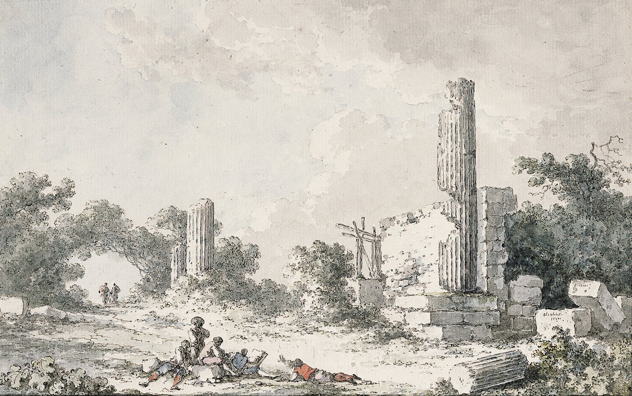 Castorin ja Polluxin temppelin rauniot, Agrigento, taiteilijoiden luonnostelemassa tekijältä Claude Louis Chatelet