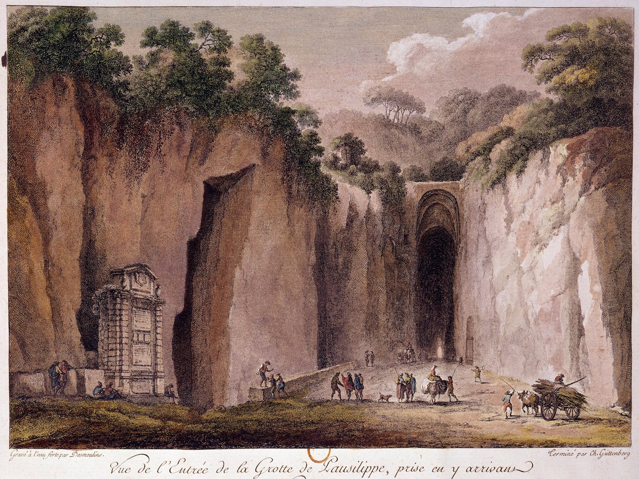 Näkymä Pausilippen (Posillipon) (tai "Grotta Vecchian") luolalle Napolin lähellä. piirros Chatelet tekijältä Claude Louis Chatelet